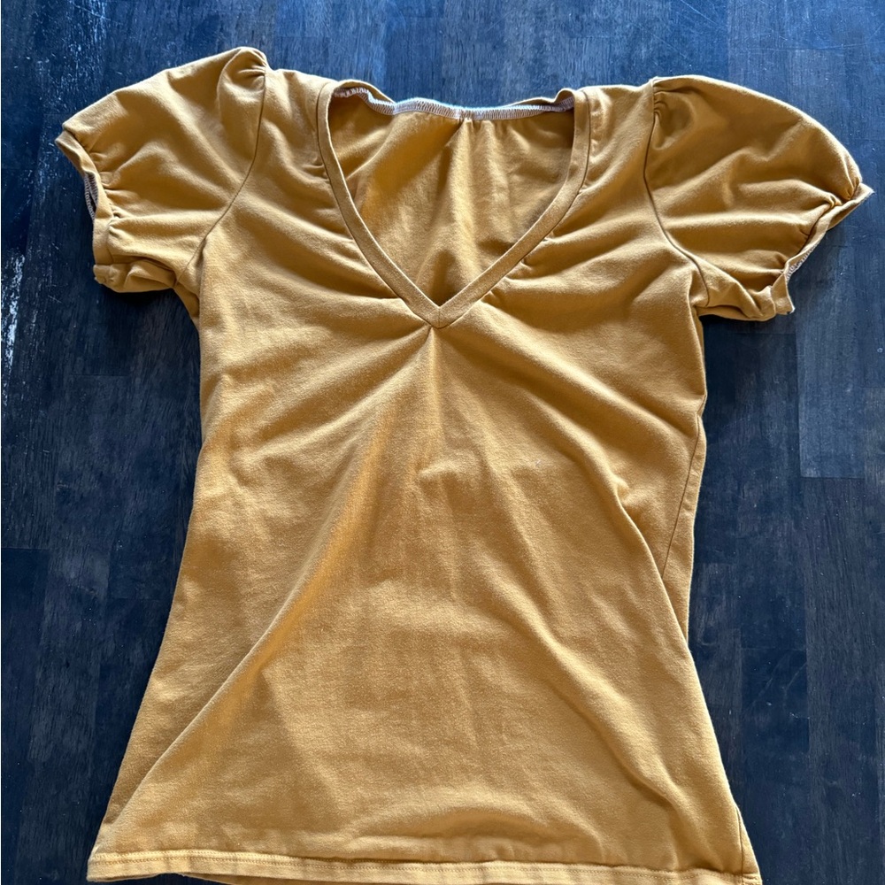 Handmade Mustard Yellow V-Neck Tee with Fancy Sleeves